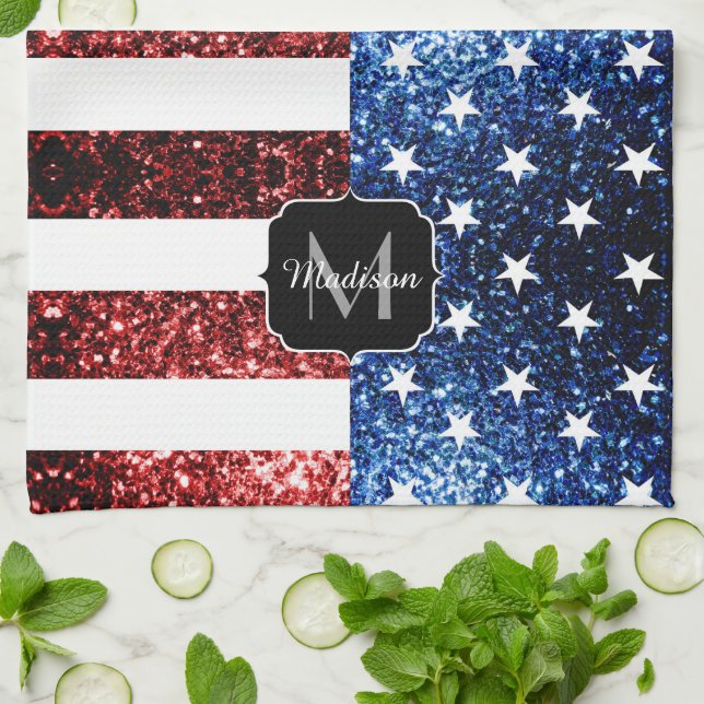 Paño De Cocina Bandera de Estados Unidos azul brillante purpurina (Doblado)