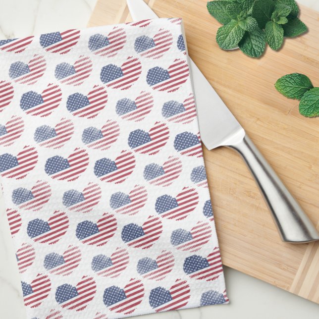 Paño De Cocina Bandera estadounidense azul blanco rojo Patriótico (Cute Patriotic American Flag Rustic Heart Pattern Kitchen Towel)