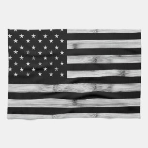 Paño De Cocina Bandera estadounidense Rustic Wood Black White Pat