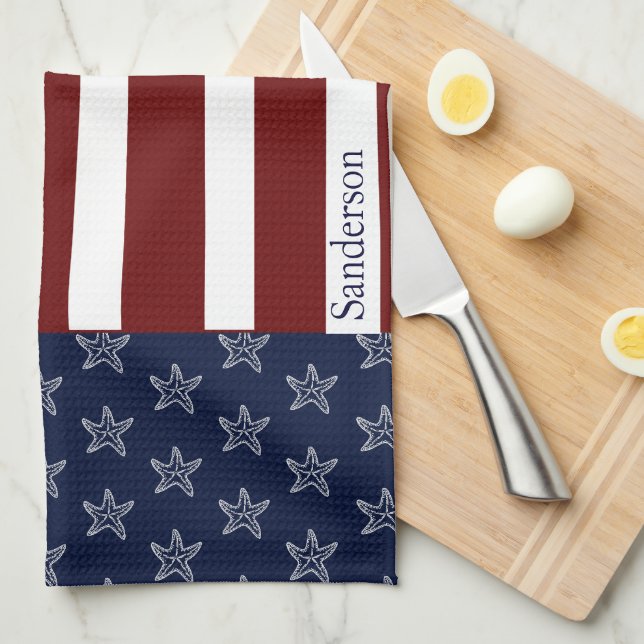 Paño De Cocina Bandera Náutica Americana Red White Blue Starfish (Doblado Cuarto)