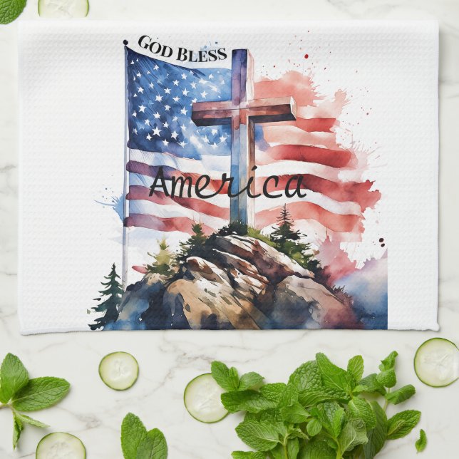 Paño De Cocina Bandera y cruza "Dios bendiga a Estados Unidos" (Doblado)