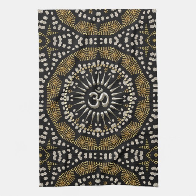 Paño De Cocina Banner tribal Black Gold Silver Om Mandala Cloner (Vertical)