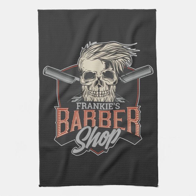 Paño De Cocina Barbería personalizada Hipster Skull y Razors (Vertical)