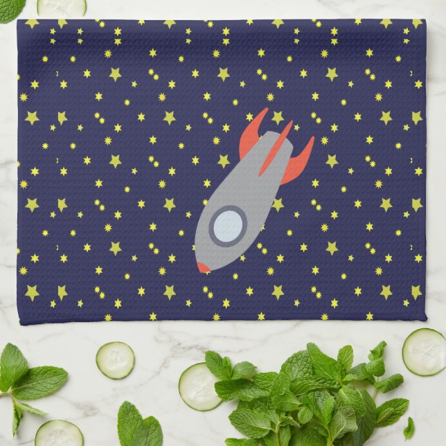 Paño De Cocina Barco de cohetes retro con fondo de patrón estelar (Doblado)