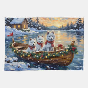 Paño De Cocina Barco de Navidad de Samoyedo Blanco Fiesta