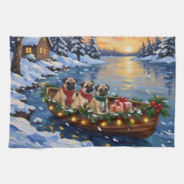 Paño De Cocina Barco de Navidad Pug Fiesta (Horizontal)