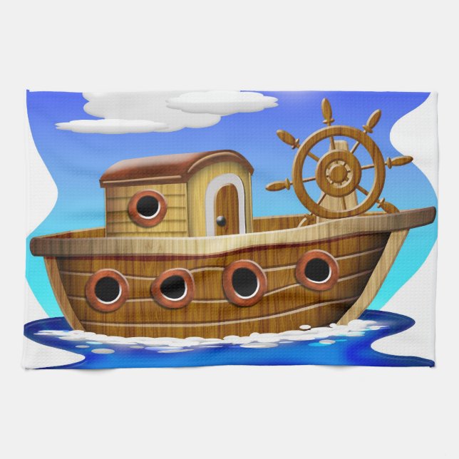 Paño De Cocina Barco de Pesca de Dibujos Animados (Horizontal)