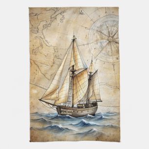 Paño De Cocina Barco Náutico Vintage Personalizado con Mapa Antig