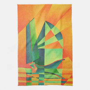 Paño De Cocina Barcos de basura chinos navegan en Naranja Sunrise