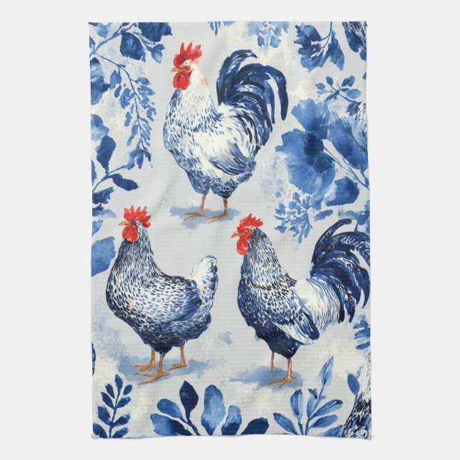 Paño De Cocina Barnyard Chickens and Botanical Pattern Design (Vertical)