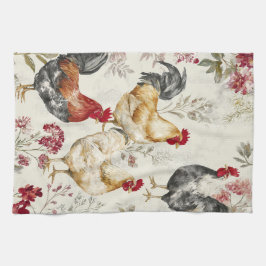 Paño De Cocina Barnyard Chickens and Botanical Pattern Design