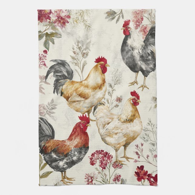 Paño De Cocina Barnyard Chickens and Botanical Pattern Design (Vertical)