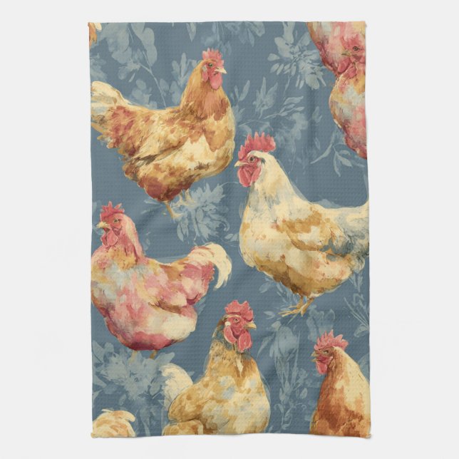 Paño De Cocina Barnyard Chickens and Botanical Pattern Design (Vertical)