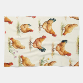 Paño De Cocina Barnyard Chickens and Botanical Pattern Design