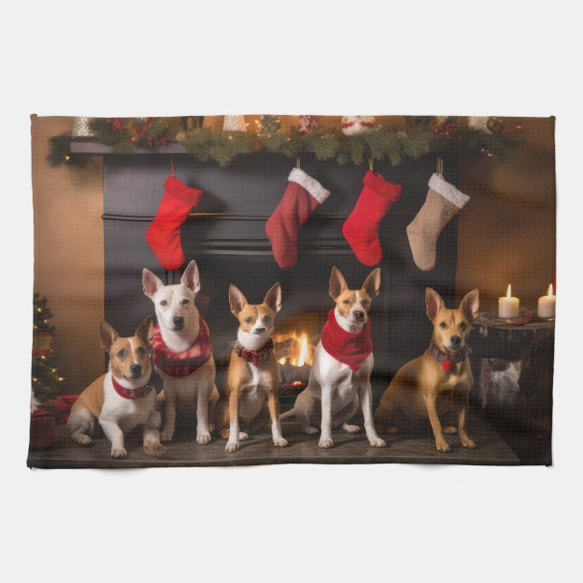 Paño De Cocina Basenji por los Navidades de la chimenea (Horizontal)