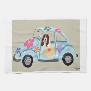 Paño De Cocina Basset Hound en coche hippie 