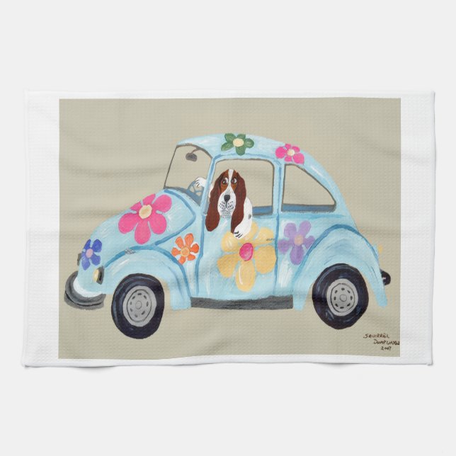 Paño De Cocina Basset Hound in Hippie car  (Horizontal)