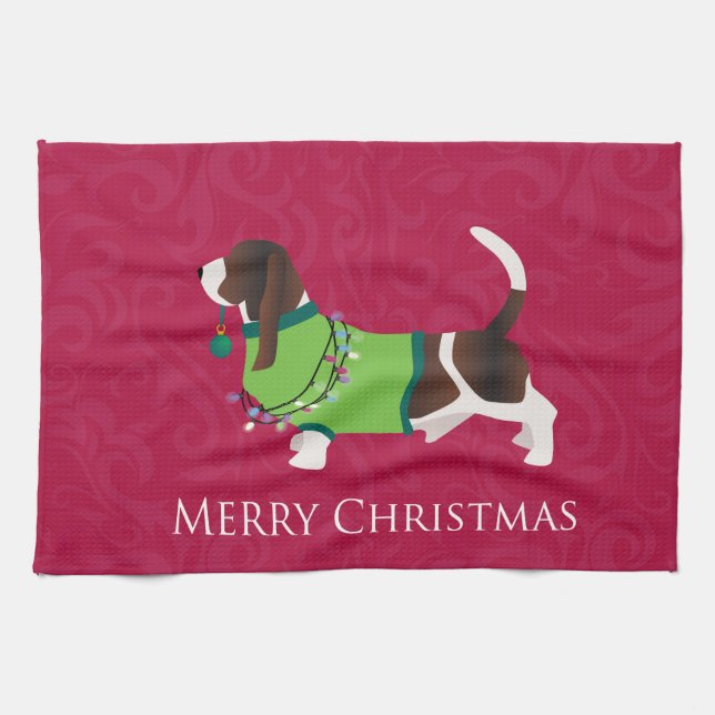 Paño De Cocina Basset Hound Merry Christmas Design (Horizontal)