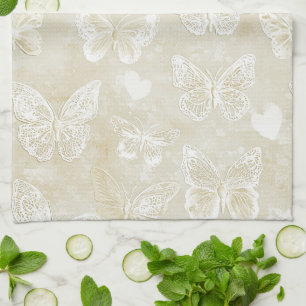 Paño De Cocina Bastante Romántico Crema Marfil Mariposas Corazone