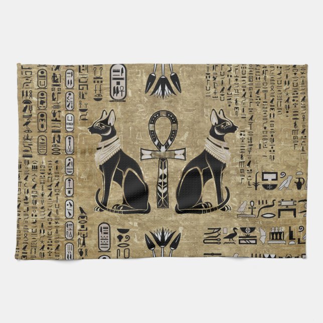 Paño De Cocina Bastet - Gatos Egipcios Y Cruz Del Ankh (Horizontal)