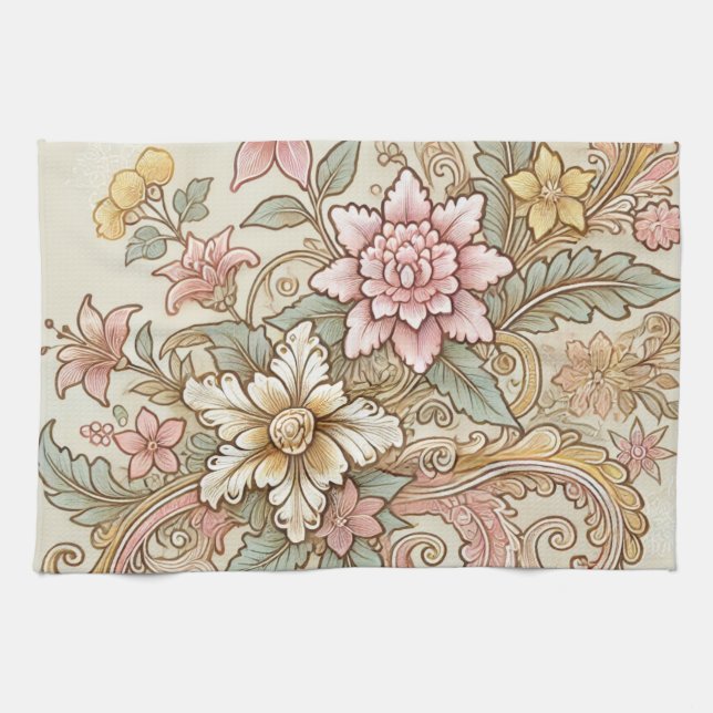 Paño De Cocina Batik Boho indonesio beige amarillo rosa azul (Horizontal)
