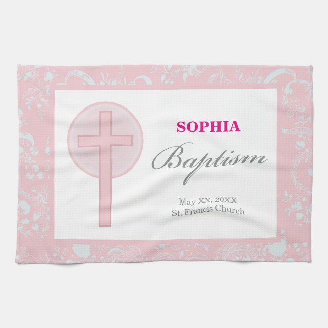 Paño De Cocina Bautismo Chica de encaje rosado (Horizontal)