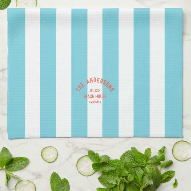 Paño De Cocina Beach House Family Name Blue Cabana Stripe (Doblado)