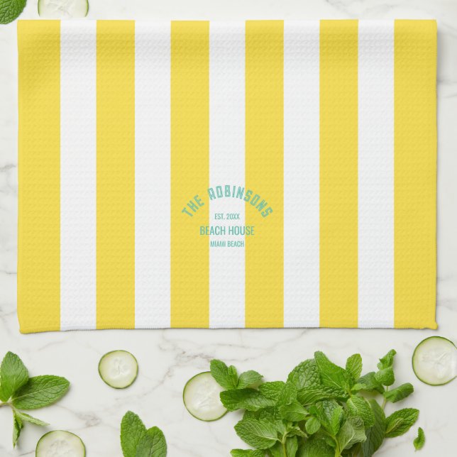 Paño De Cocina Beach House Family Name Yellow Cabana Stripe (Doblado)