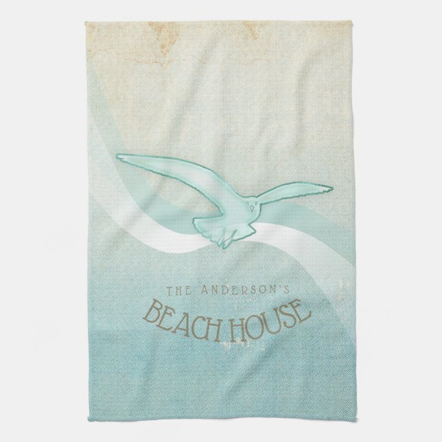 Paño De Cocina Beach House Seagull Aqua Blue ID623 (Vertical)
