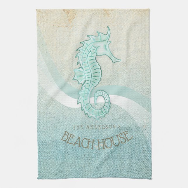 Paño De Cocina Beach House Seahorse Aqua Blue ID623 (Vertical)