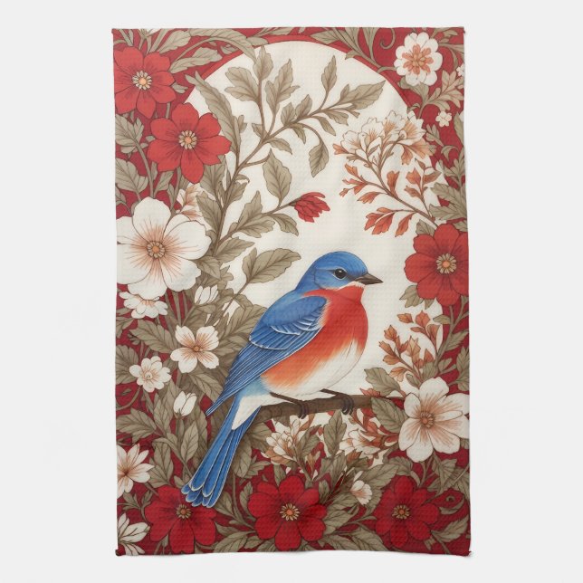 Paño De Cocina Beautiful Eastern Bluebird Red Floral  (Vertical)