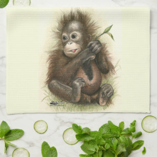 Paño De Cocina Bebé Orangután Con Hojas