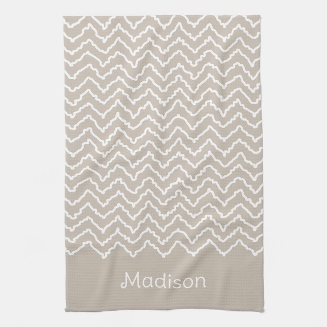 Paño De Cocina Beige And White Squiggly Chevron Zigzag With Name (Vertical)