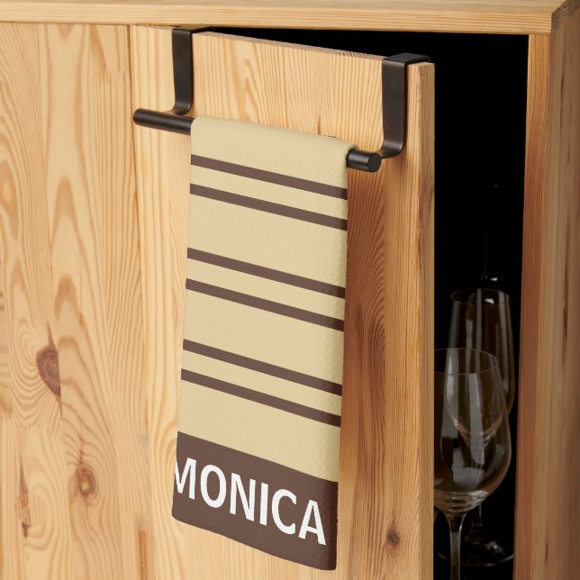 Paño De Cocina  Beige &Brown Stripes Pattern monogram Name (Pliegue de tercios)