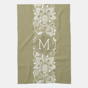 Paño De Cocina Beige Faux Linen & White Floral Lace