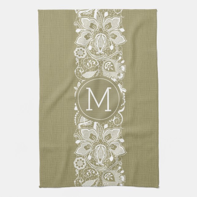 Paño De Cocina Beige Faux Linen & White Floral Lace (Vertical)