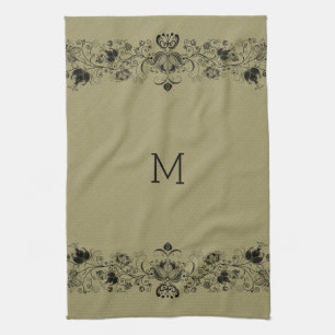 Paño De Cocina Beige Faux Linen y Black Swirls Lace