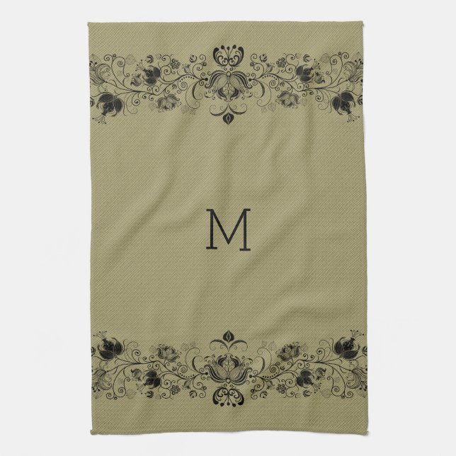 Paño De Cocina Beige Faux Linen y Black Swirls Lace (Vertical)