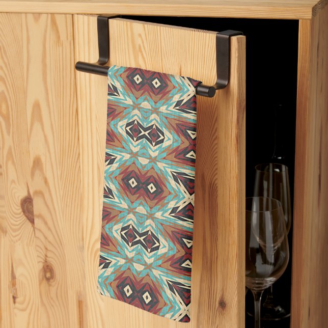 Paño De Cocina Beige Red Brown Aqua Blue Green Arte Tribal (Pliegue de tercios)