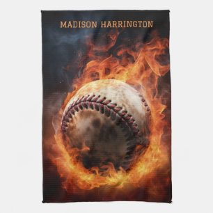 Paño De Cocina Béisbol con nombre personalizado en llamas