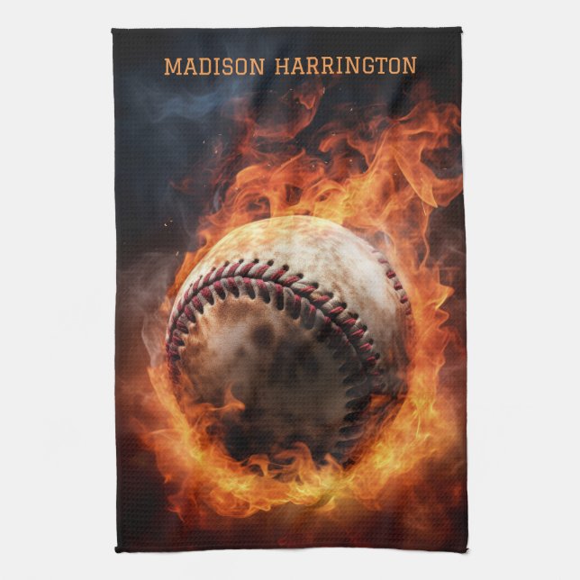 Paño De Cocina Béisbol con nombre personalizado en llamas (Vertical)