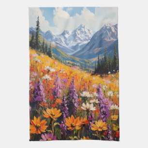 Paño De Cocina Bella Artes de flores silvestres y montañas escéni