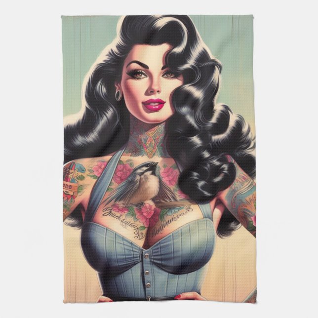 Paño De Cocina Belleza retro Tattooed Pin up (Vertical)