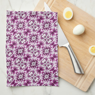 Paño De Cocina Berenjena, Magenta y Estampado Floral Damasco Blan
