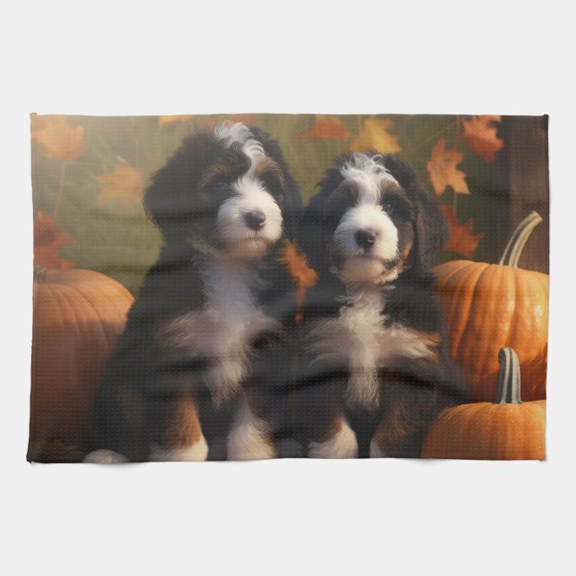 Paño De Cocina Bernedoodle Puppy Autumn Delight Pumpkin (Horizontal)