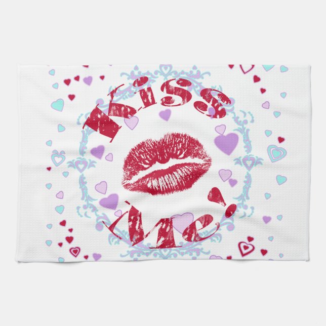 Paño De Cocina ¡Bésame! Labios Rojos Con Corazones (Horizontal)
