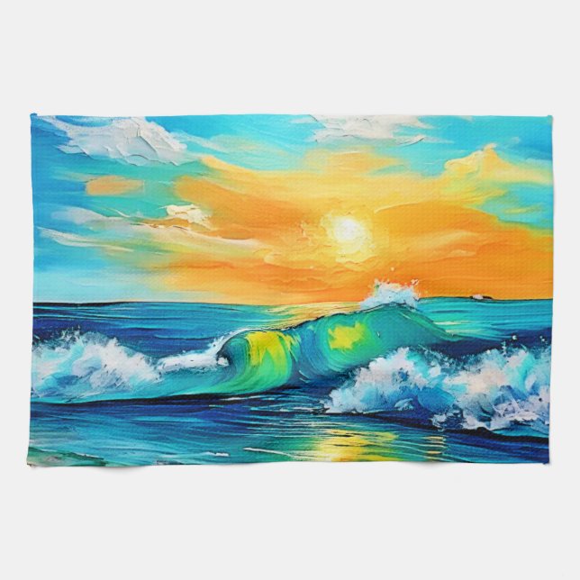Paño De Cocina Beso del océano: Olas de atardecer (Horizontal)