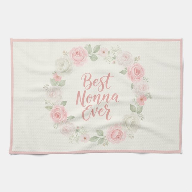 Paño De Cocina Best Nonna Ever Pink & Green Floral Wreath (Horizontal)