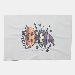 Paño De Cocina Bestia infantil sentada en una calabaza - "Bruja"