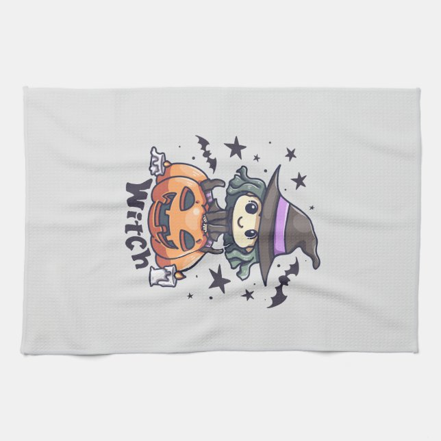 Paño De Cocina Bestia infantil sentada en una calabaza - "Bruja" (Horizontal)